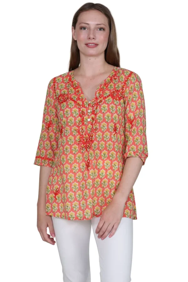 La Cera™ Block Print Tunic With Tonal Embroidery Clearance