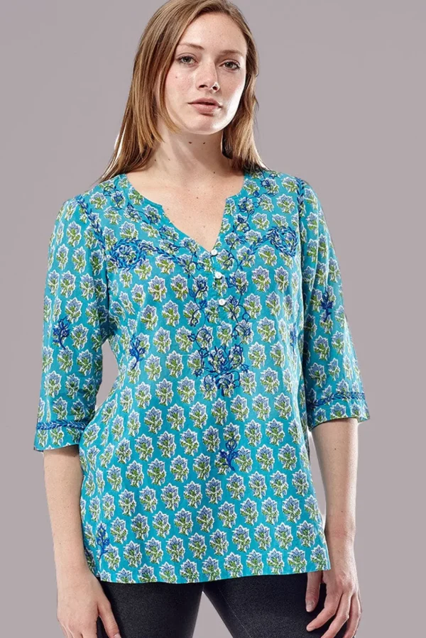 La Cera™ Block Print Tunic With Tonal Embroidery Clearance