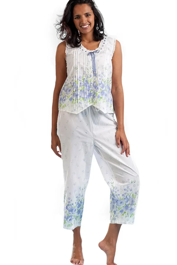 La Cera™ Border Print Sleeveless 100% Cotton Floral Pjs Blue Sale