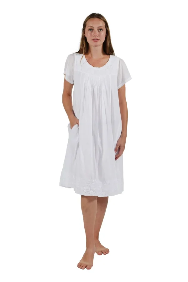 La Cera™ Cap Sleeve 100% Cotton White Embroidered Chemise Best Sale