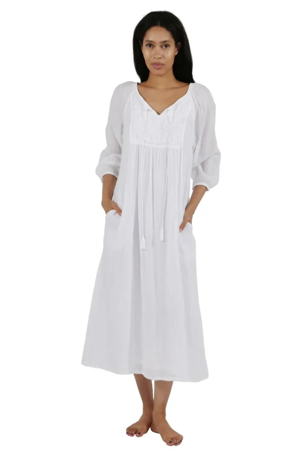 La Cera™ 100% Cotton 3/4 Sleeve Embroidered Gown White/Wht Shop