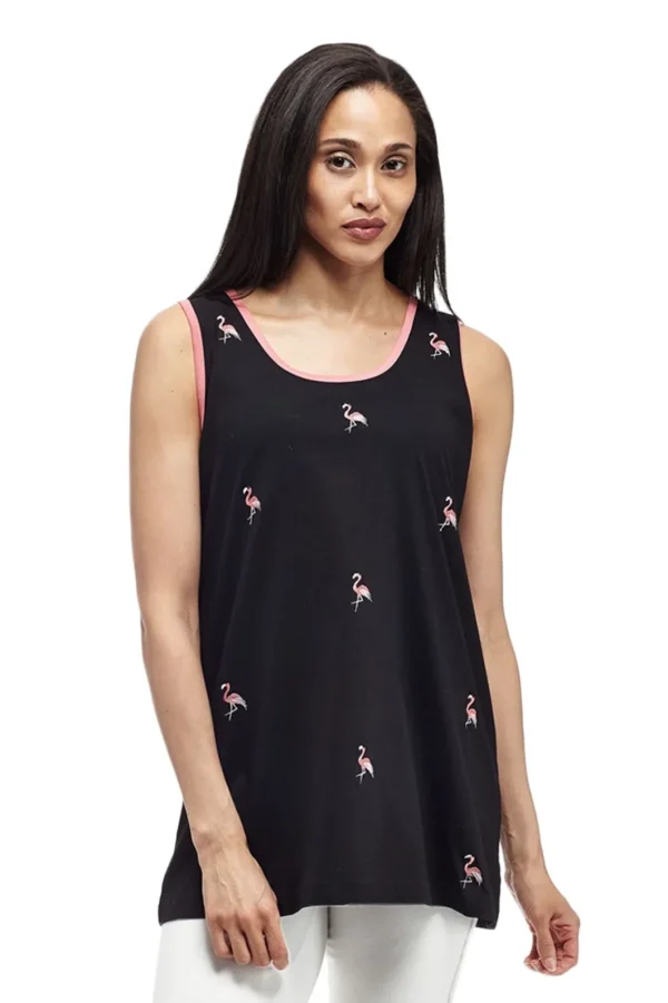 La Cera™ Cotton Knit Tank With Flamingo Embroidery Cheap