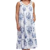 La Cera™ 100% Cotton Lace Trim Flounce Gown- Blue And White Floral Print White/Blue Cheap