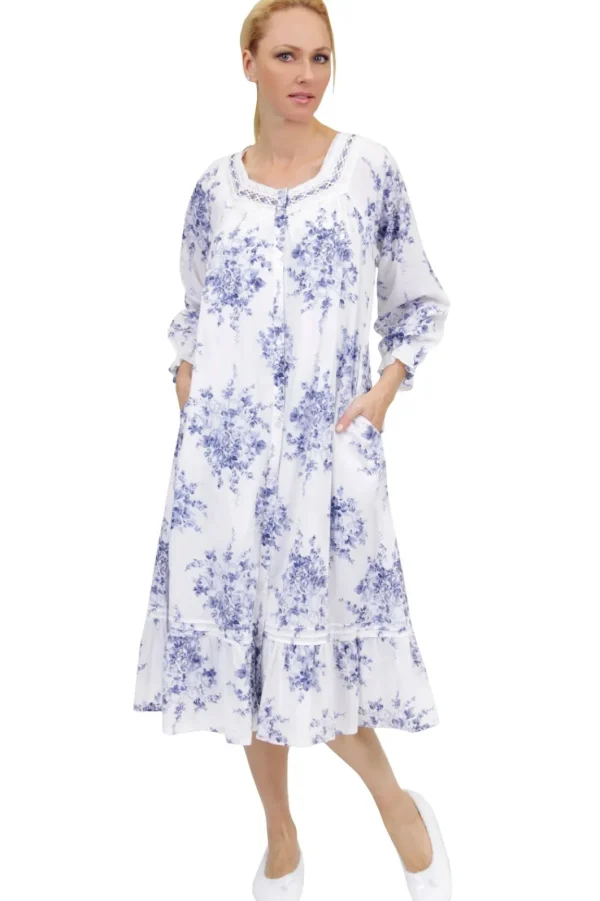 La Cera™ 100% Cotton Lace Trim Flounce Robe Gown- Blue And White Floral Print Hot