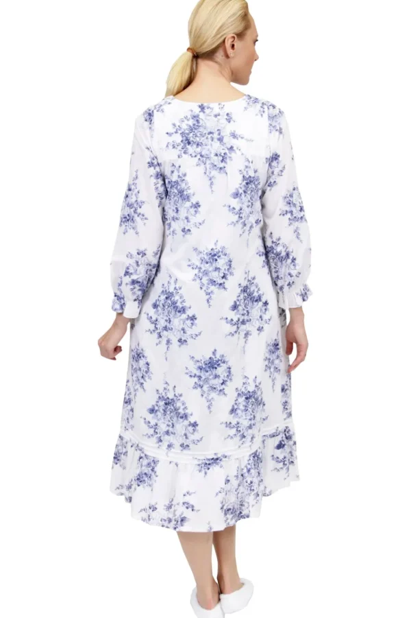 La Cera™ 100% Cotton Lace Trim Flounce Robe Gown- Blue And White Floral Print Hot