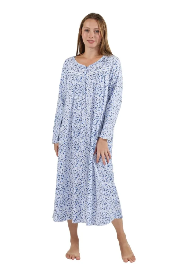 La Cera™ 100% Cotton Mini Floral Cotton Knit Gown Blue Discount