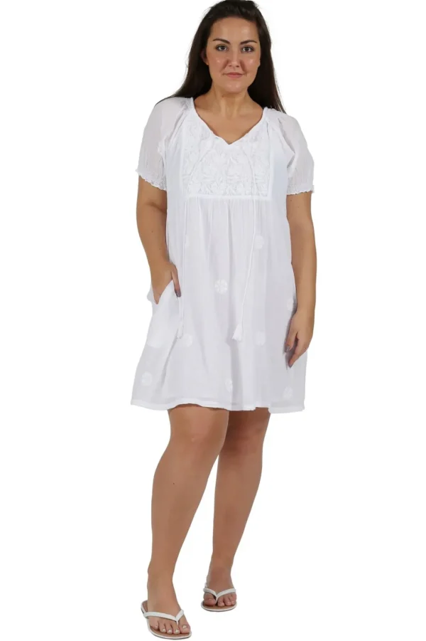 La Cera™ 100% Cotton Plus Size Short Sleeve Embroidered Chemise White/Wht New