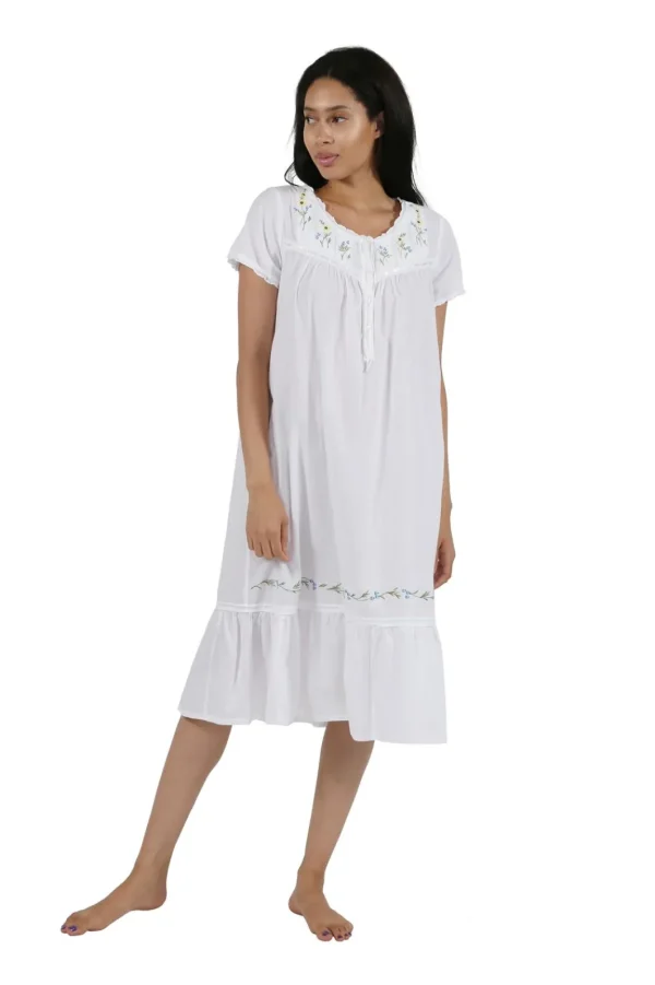 La Cera™ 100% Cotton Short Sleeve Embroidered Gown White New