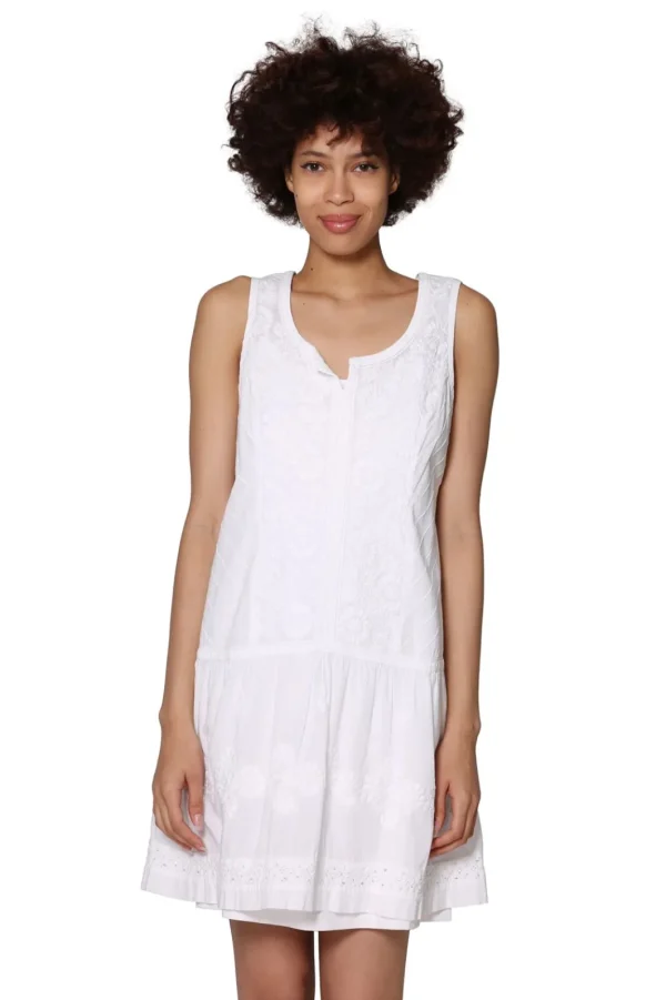 La Cera™ 100% Cotton Sleeveless Drop Waist Chemise White Best Sale