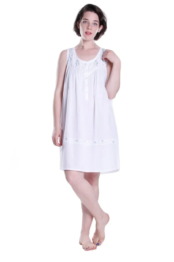 La Cera™ 100% Cotton Sleeveless Embroidered Chemise White Cheap