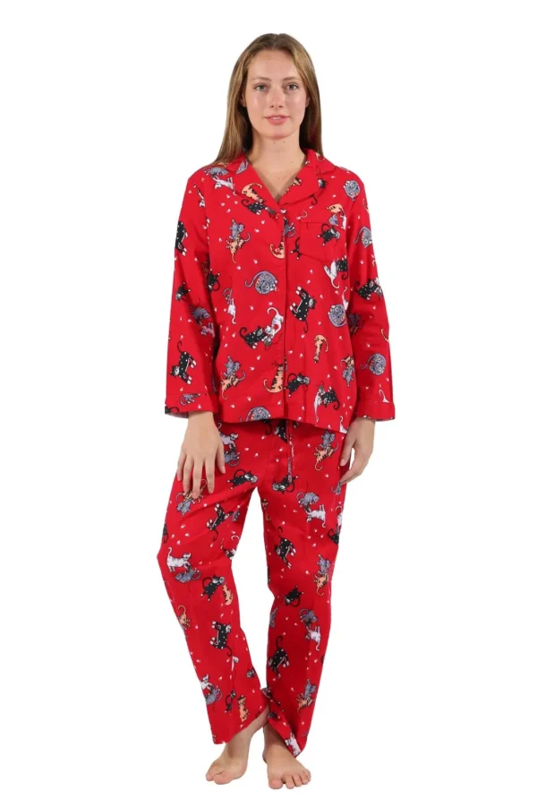 La Cera™ Flannel Cat Print Pajama Set Red Best