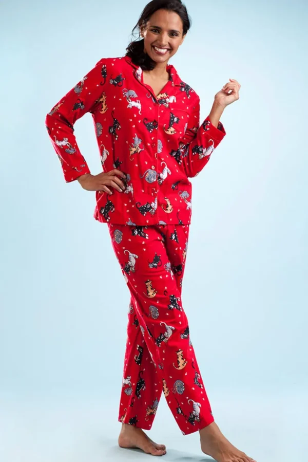 La Cera™ Flannel Cat Print Pajama Set Red Best