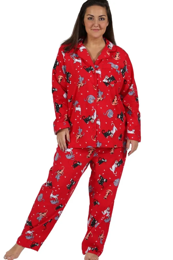 La Cera™ Flannel Cat Print Plus Size Pajama Set Red Fashion