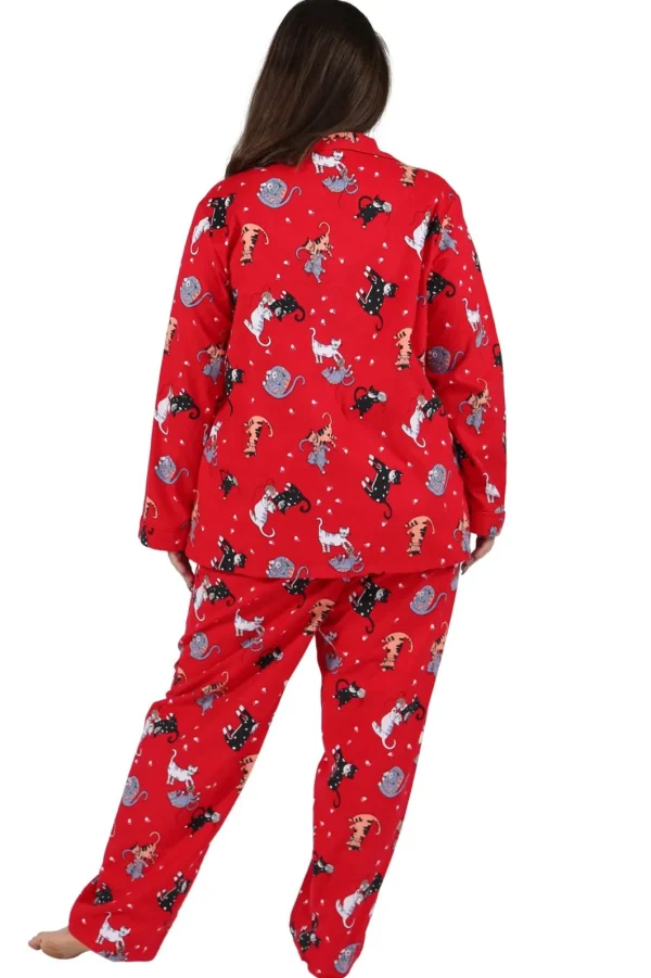 La Cera™ Flannel Cat Print Plus Size Pajama Set Red Fashion