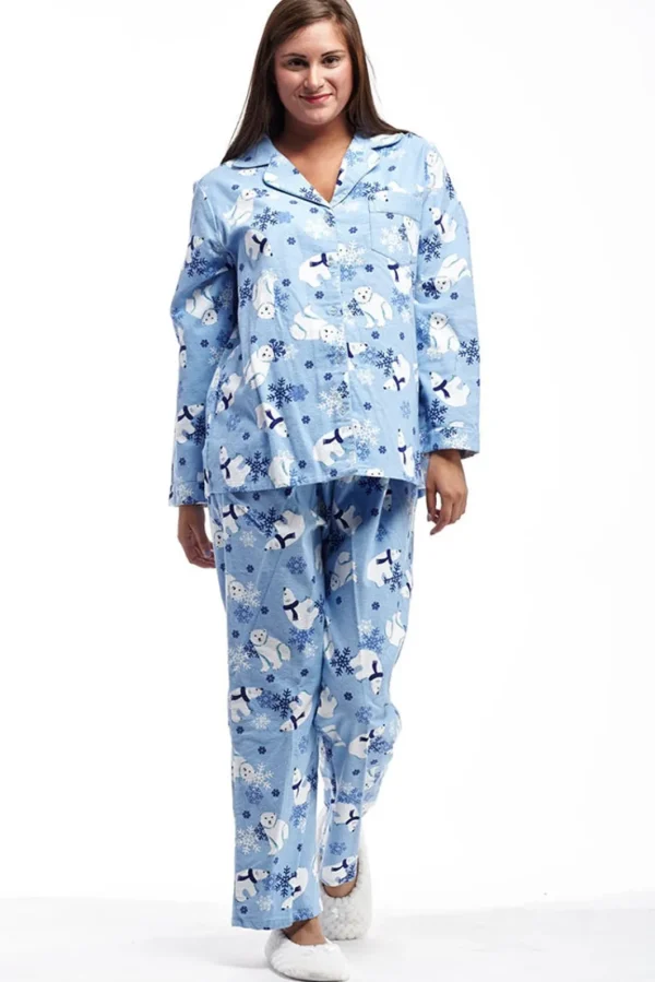 La Cera™ Flannel Polar Bear Plus Size Pajama Set Blue Outlet