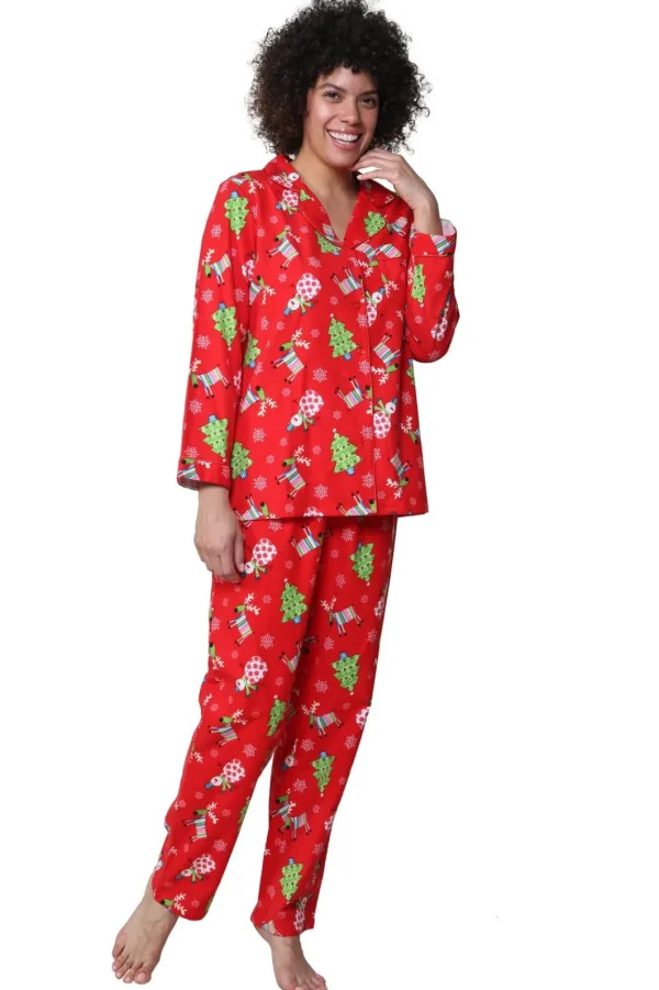 La Cera™ Flannel Reindeer Print Pajama Set Red Best Sale