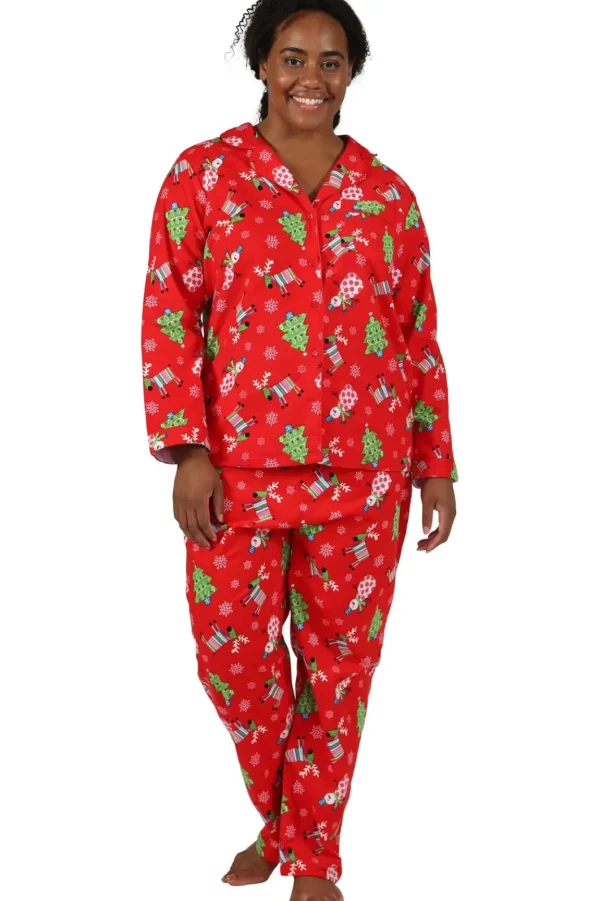 La Cera™ Flannel Reindeer Print Plus Size Pajama Set Red Fashion