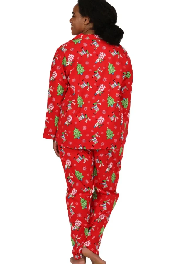 La Cera™ Flannel Reindeer Print Plus Size Pajama Set Red Fashion