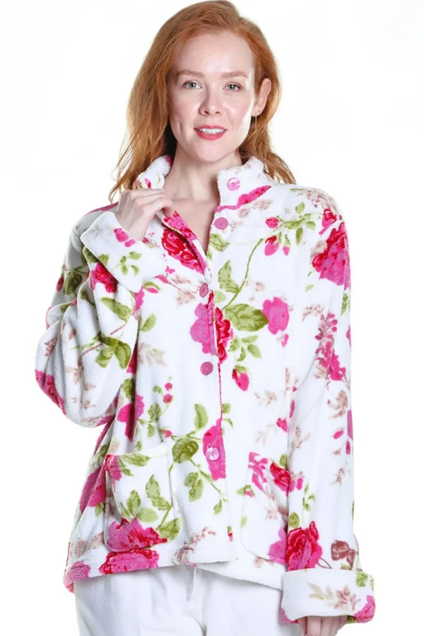 La Cera™ Floral Fleece Bed Jacket Wht/Red Fashion