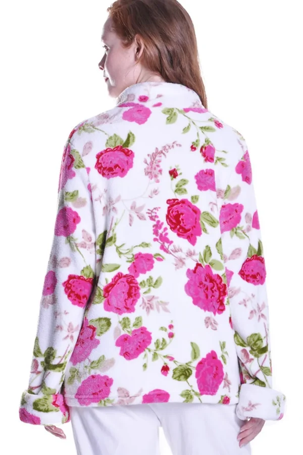 La Cera™ Floral Fleece Bed Jacket Wht/Red Fashion