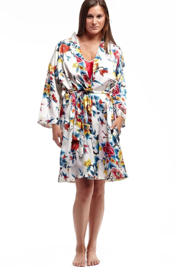 La Cera™ Floral Multi Colo Satin Robe Red Sale