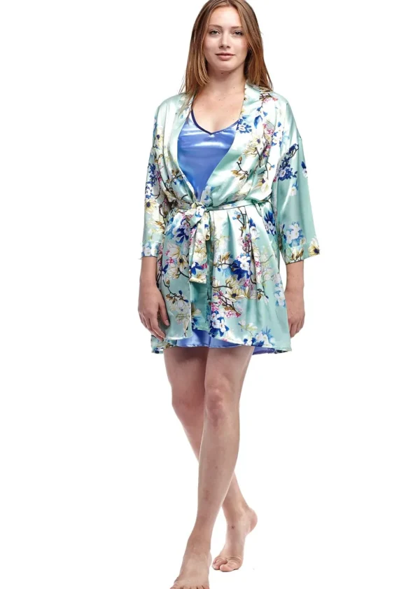 La Cera™ Floral Satin Robe Mint Fashion