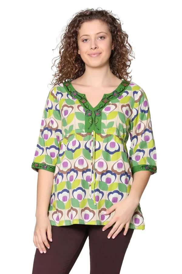 La Cera™ Green Floral Cotton Voile Embroidered Tunic Online