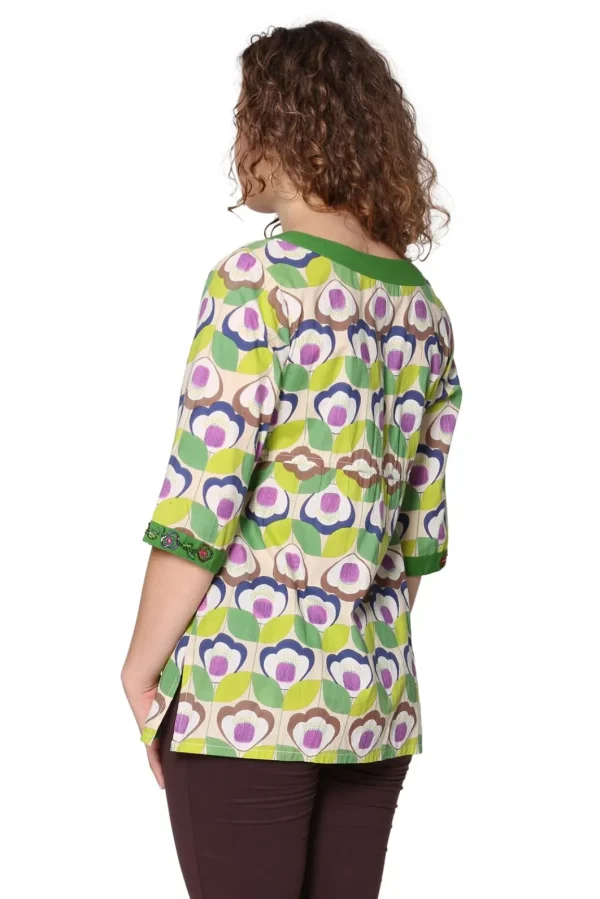 La Cera™ Green Floral Cotton Voile Embroidered Tunic Online