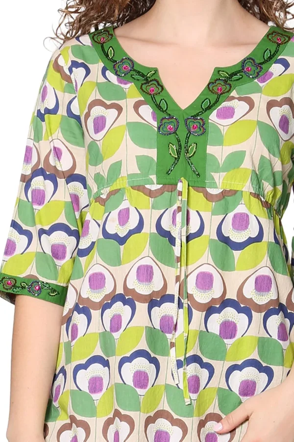 La Cera™ Green Floral Cotton Voile Embroidered Tunic Online