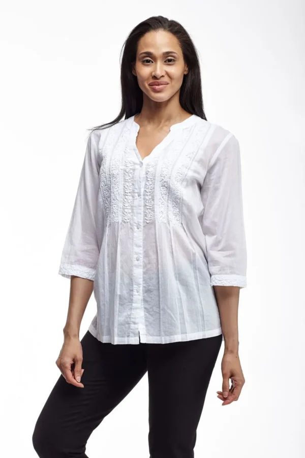 La Cera™ La Cera 100% Cotton Button Front Embroidered Top Discount