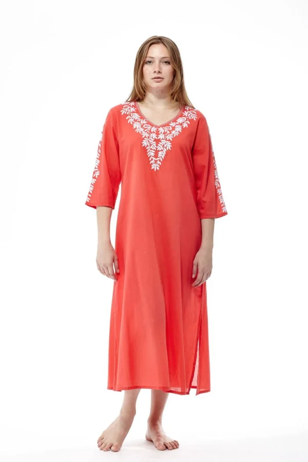 La Cera™ La Cera 3/4 Quarter Length Sleeve Embroidered Caftan Coral Outlet