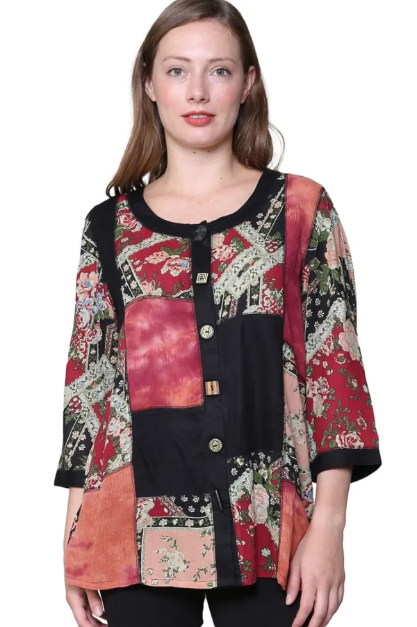 La Cera™ La Cera Black And Red Patchwork Top Black/Red Sale