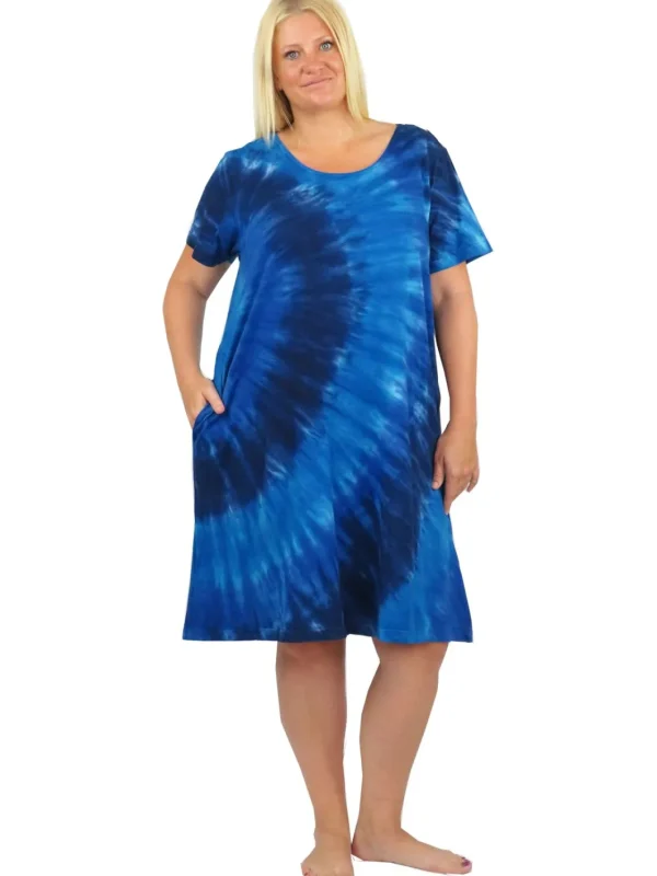 La Cera™ La Cera Cotton Knit Short Sleeve Denim Blue Tie-Dye Dress - Plus Size Shop