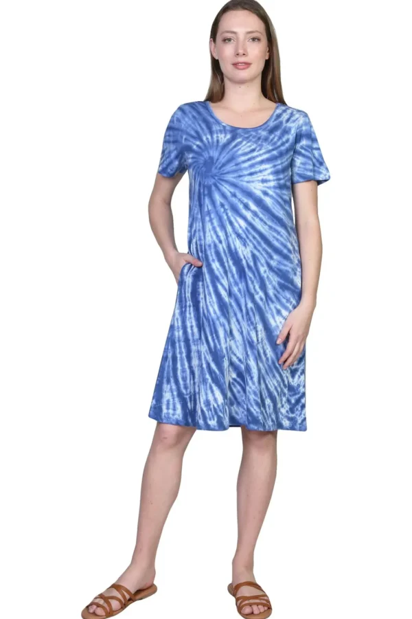 La Cera™ La Cera Cotton Knit Short Sleeve Tie-Dye Dress Blue Flash Sale