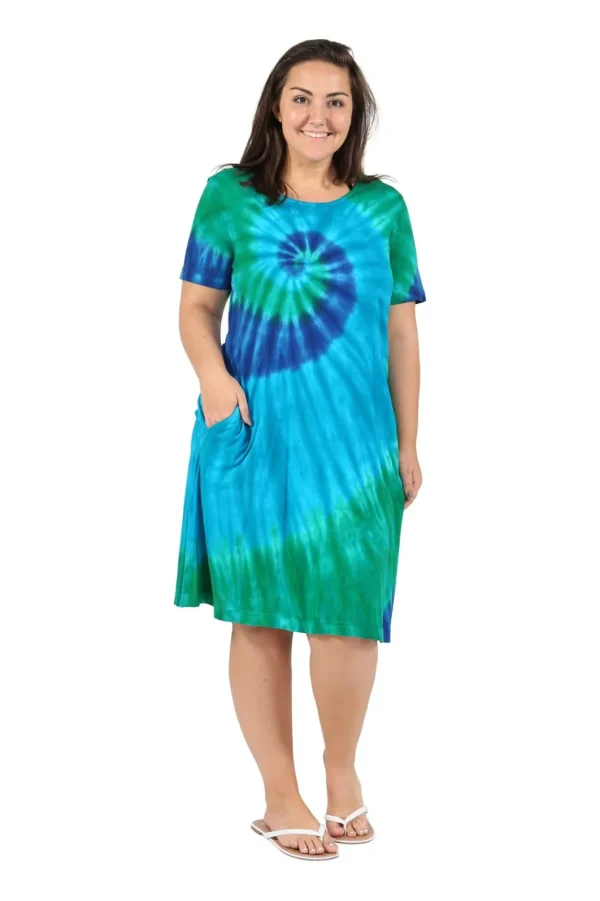 La Cera™ La Cera Cotton Knit Short Sleeve Turquoise Tie-Dye Dress - Plus S Blue Shop