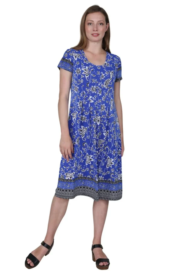 La Cera™ La Cera Floral Border Print Short Sleeve Dress Royal Shop