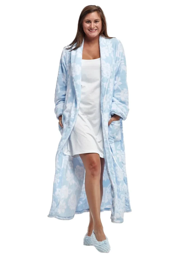 La Cera™ La Cera Floral Fleece Bathrobe With Belt Blue Best Sale