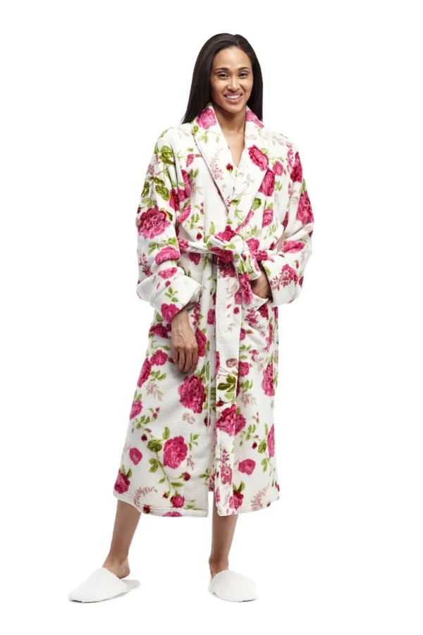 La Cera™ La Cera Floral Plush Fleece Bath Robe White/Red New