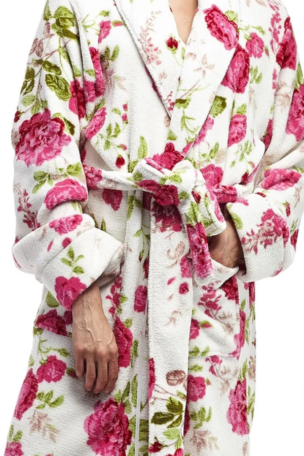 La Cera™ La Cera Floral Plush Fleece Bath Robe White/Red New