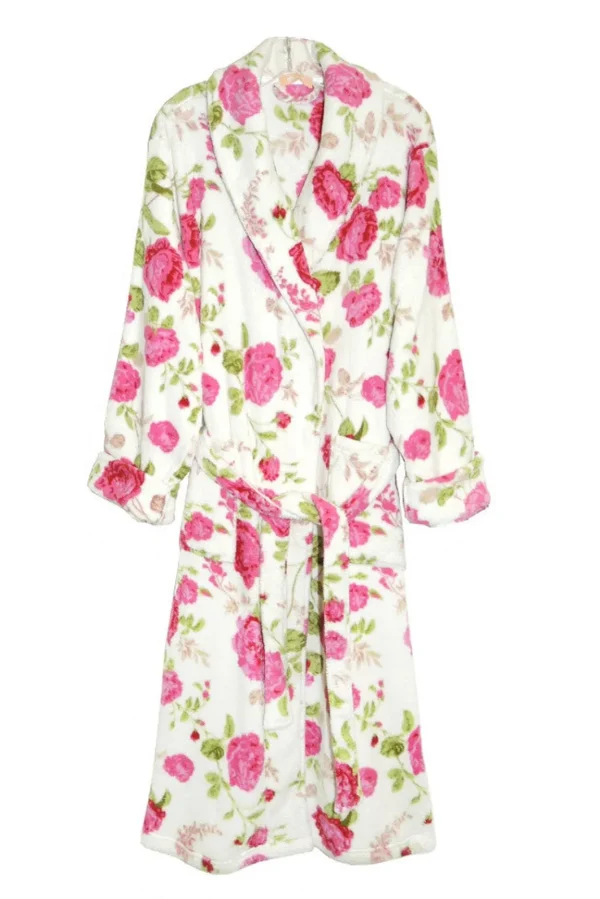 La Cera™ La Cera Floral Plush Fleece Bath Robe White/Red New