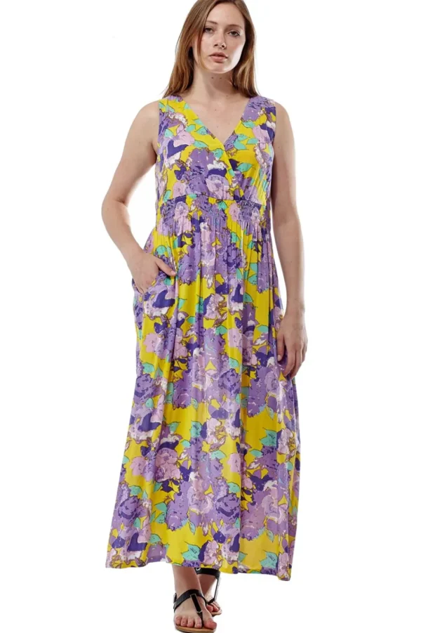 La Cera™ La Cera Floral Printed Sleeveless Rayon Maxi Dress Yellow/Lilac Flash Sale