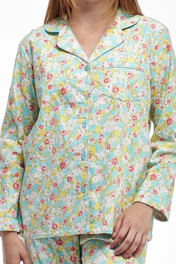 La Cera™ La Cera Long Sleeve Floral Flannel Pajama Set Aqua Shop