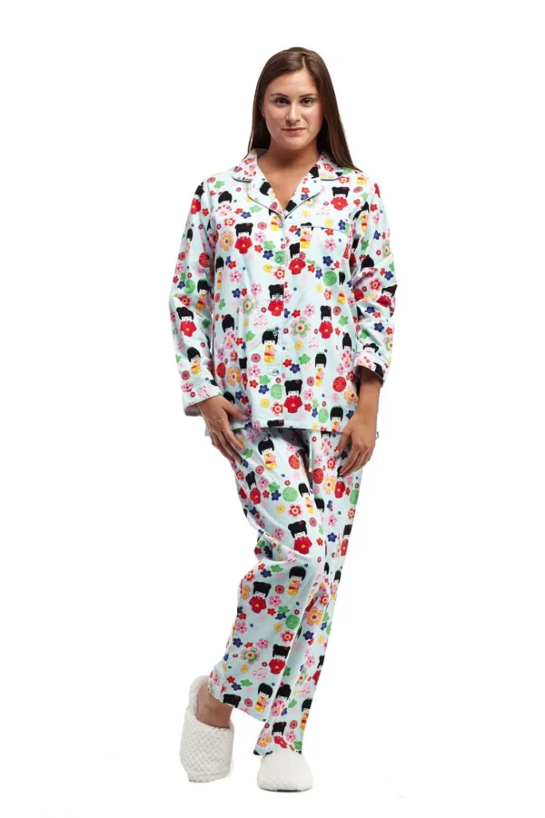 La Cera™ La Cera Long Sleeve Printed Flannel Pajama Set Blue Fashion