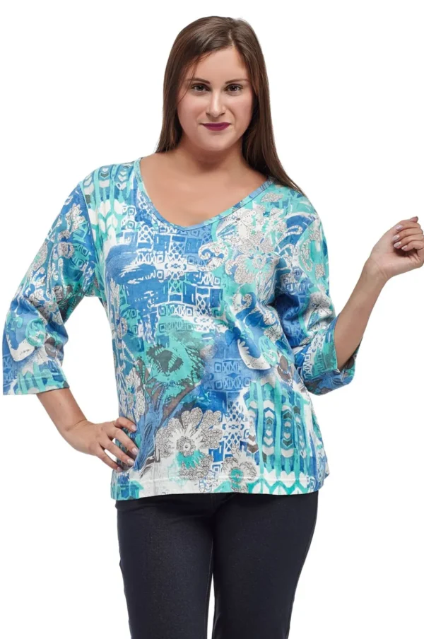 La Cera™ La Cera Multi Printed Tunic Top Blue Discount