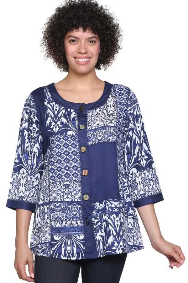 La Cera™ La Cera Navy Patchwork Top Black Sale