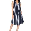 La Cera™ La Cera Navy Stripe Belted Rayon Dress Cheap