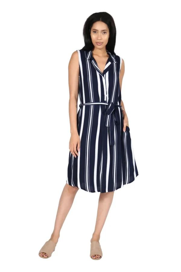 La Cera™ La Cera Navy Stripe Belted Rayon Dress Cheap