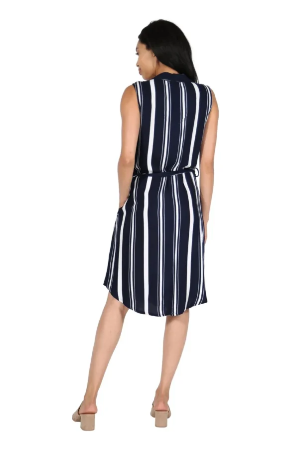 La Cera™ La Cera Navy Stripe Belted Rayon Dress Cheap