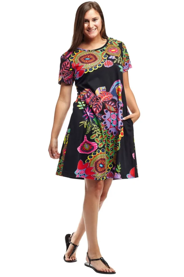 La Cera™ La Cera Novelty Floral Print Short Sleeve Dress Black Best Sale