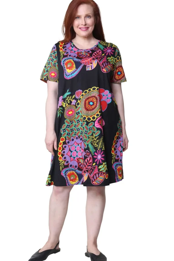 La Cera™ La Cera Novelty Floral Print Plus Size Short Sleeve Dress Black Hot